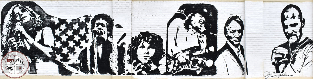 Janis Joplin and friends, Austin, TX; black and white murals; street art around the world