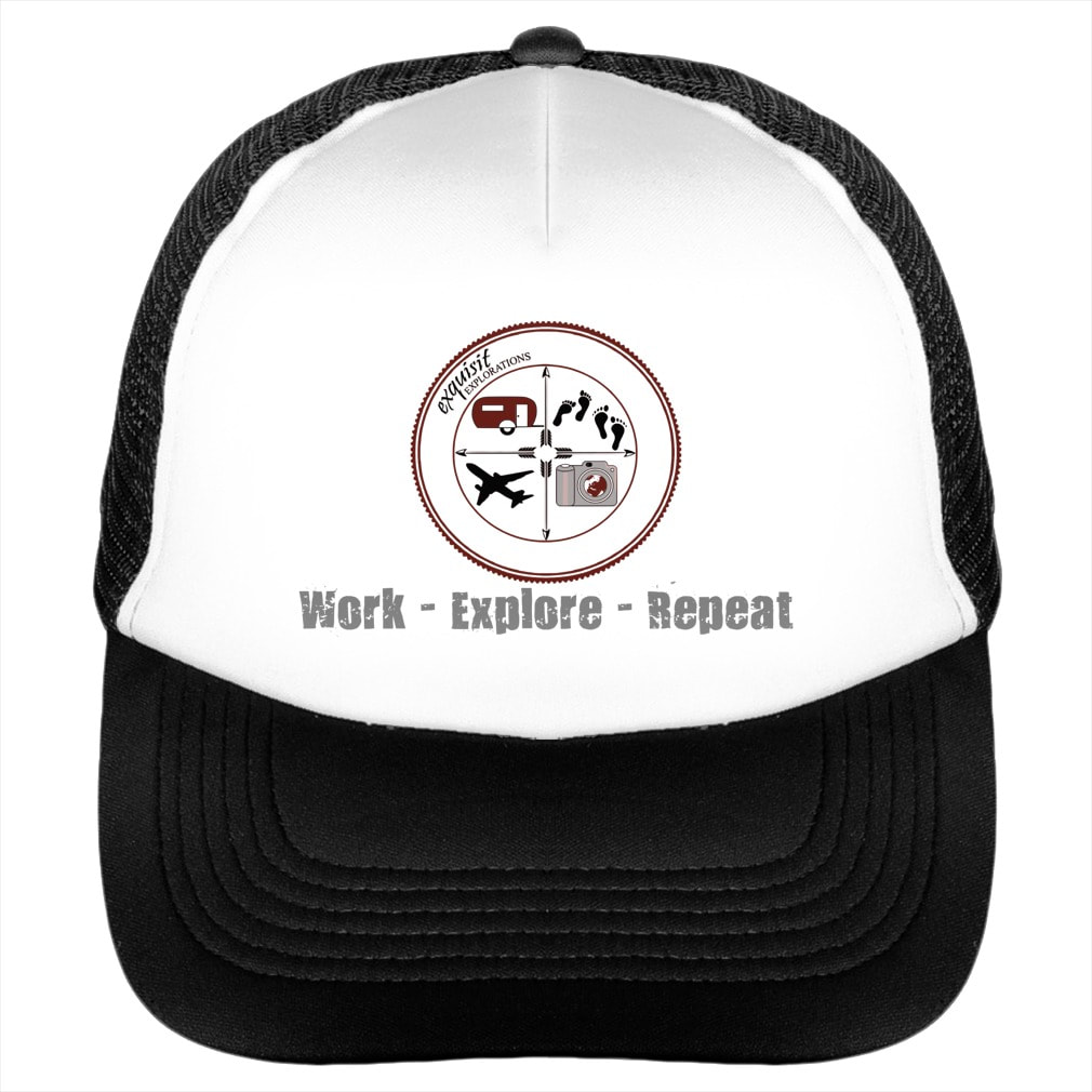 Work - Explore - Repeat: Trucker Hat in White #wanderlust #ballcap #womenshat #blackandwhite 