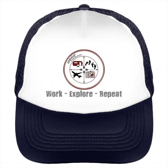 Work - Explore - Repeat: Trucker Hat in White and Navy Blue #wanderlust #ballcap #menshat