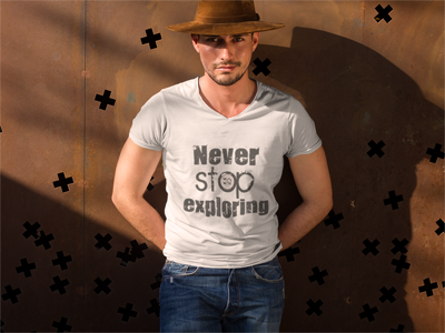 Never Stop Exploring: Men's V-Neck T-Shirt in White #wanderlust #exploring #explore #exquisitEXPLORATIONS