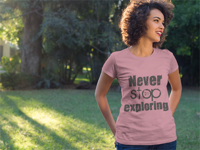 Never Stop Exploring: Women's Crew Neck T-Shirt in Light Pink #wanderlust #girlexplorer #femaleexplorer #giftforher