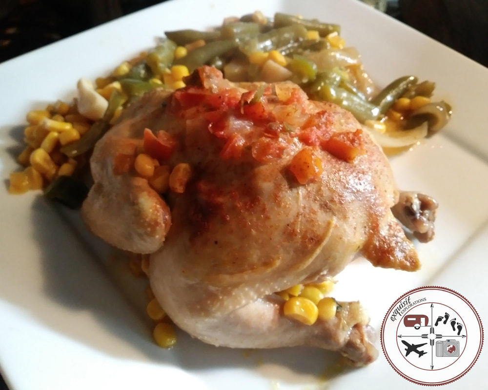 Our finished Cornish hens with corn, green, beans, and lots of spice!