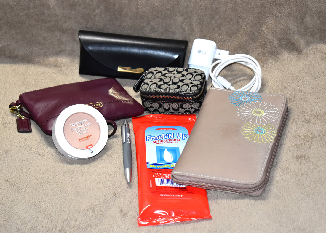 Travel Essentials; what's in my purse; sunglasses, RFID blocking passport case, charger, OTC medicines, makeup basics, fresh wipes, notebook and pen
