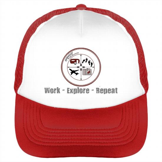 Work - Explore - Repeat: Trucker Hat in White and Red #wanderlust #ballcap #menshat