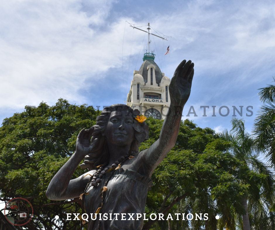 Hula Dancer Statue and Aloha Tower; Free Things to See and Do in Honolulu; Things to Do in Honolulu With Kids by exquisitEXPLORATIONS Travel Blog