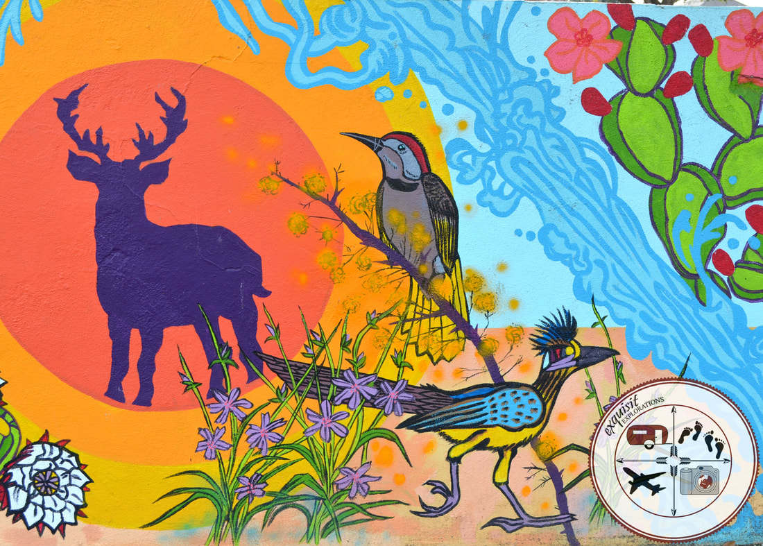 Street Art Around the World, Laredo, TX; colorful murals, roadrunner, deer, cactus