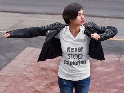 Never Stop Exploring: Women's V-Neck T-Shirt in White #womensfashion #ladiestshirt #campingshirt #adventure