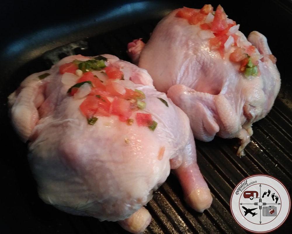 Cornish game hens, stuffed and topped with a spicy pico de gallo